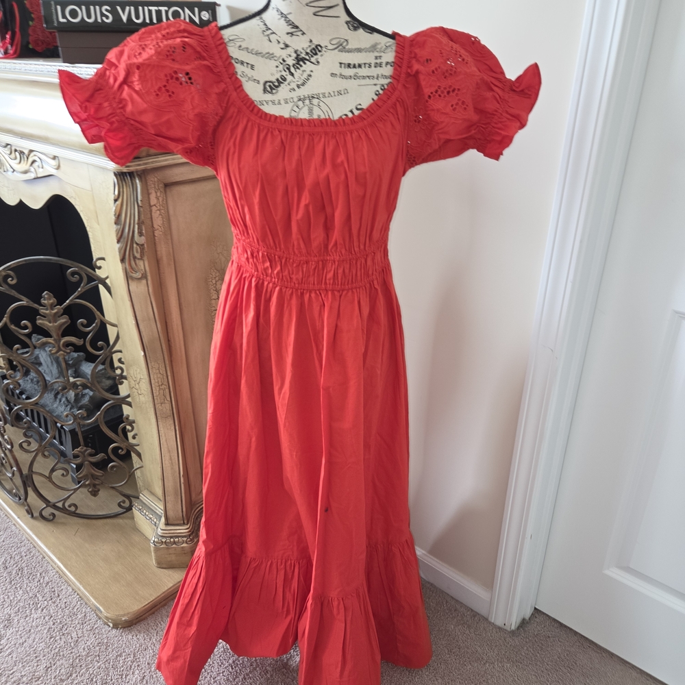H&M Bright Red Eyelet Puff Sleeve Maxi Dress